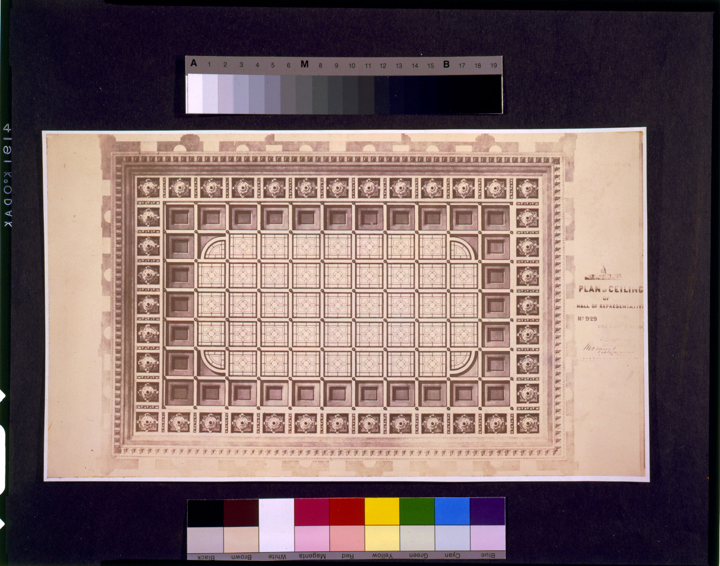 [United States Capitol (Washington, D.C.). Extension. South Wing. Hall of Representatives. Ceiling. Reflected plan rendering] / Tho. U. Walter, architect, extension, U.S. Capitol ; M.C. Meigs, capt. of engineers, in charge., and Engineering (ADE) Drawings" (http://www.loc.gov/rr/print/res/103_ade.html)." — historic image