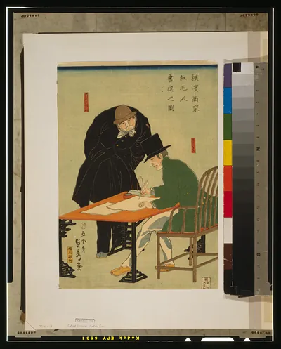 Yokohama shoka komojin sho a mitomu no zuTITLE TRANSLATION:Foreigners in Yokohama draw up contract in mercantile house.