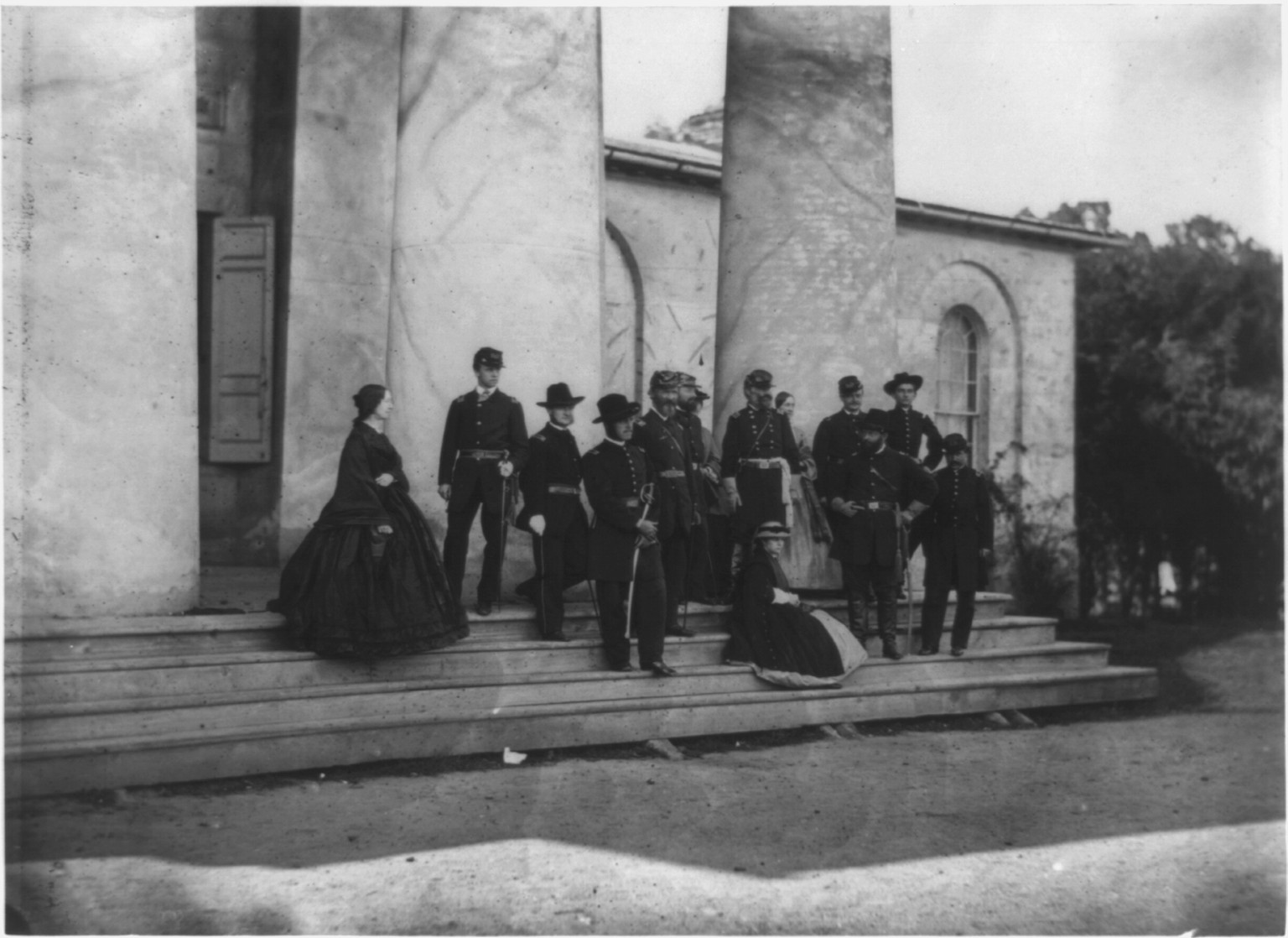 Gen. Samuel P. Heintzelman and staff with their families at Robert E. Lee's home, Arlington House, Virginia, [1861] — historic photograph