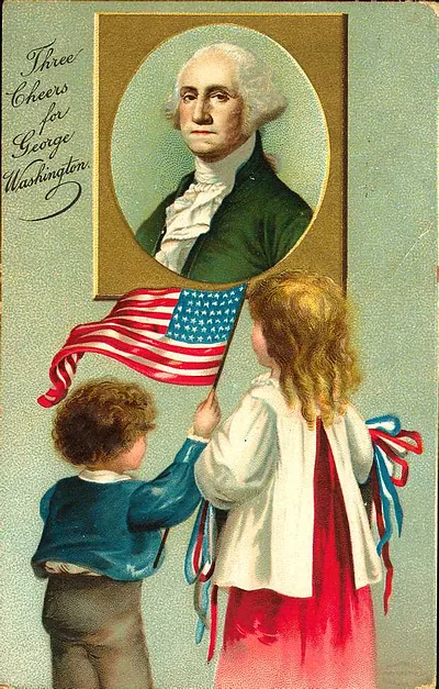 Three Cheers for George Washington postcard with children and flag
