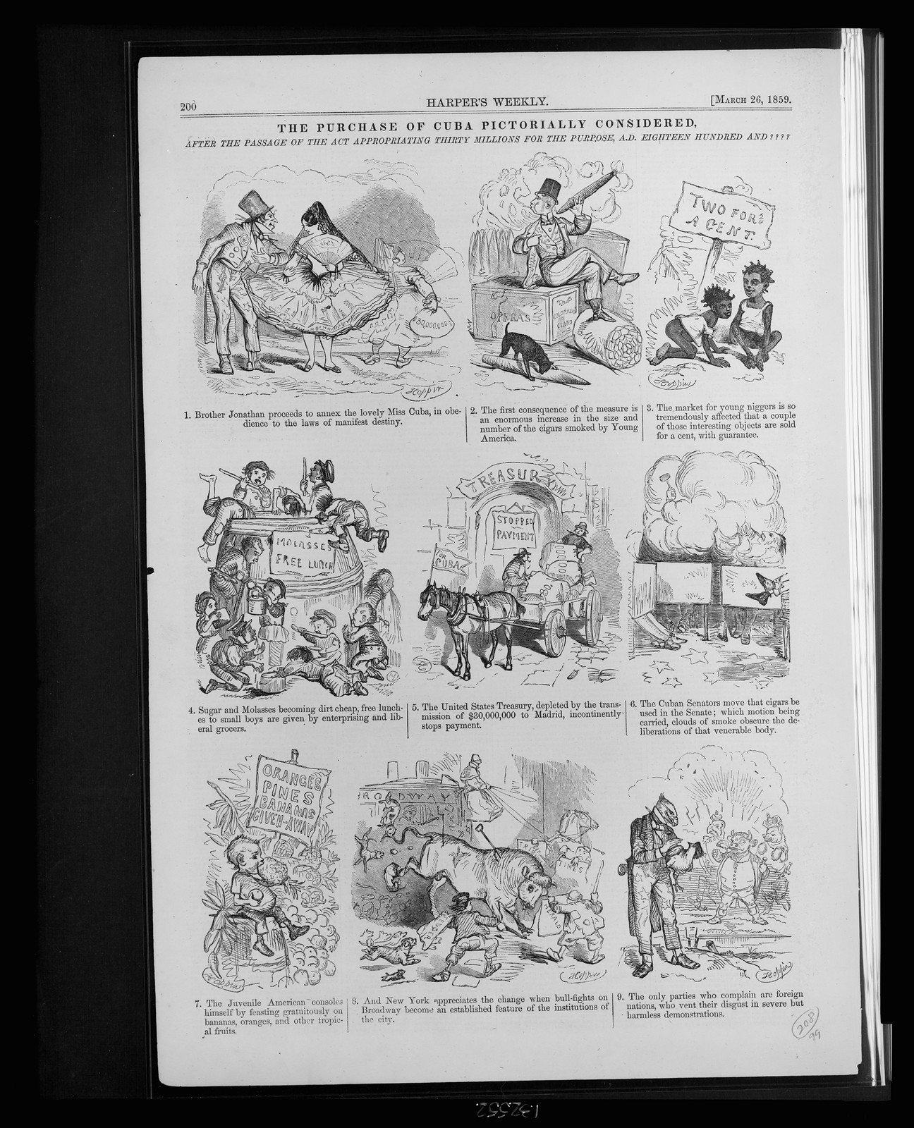 The purchase of Cuba pictorially considered, after the passage of the act appropriating thirty millions for the purpose, A.D. Eighteen hundred and ???? / Hoppin., 1859 — antique engraving