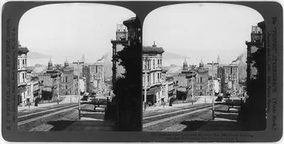Looking down California St., from Nob Hill, Ferry Building and bay in distance, San Francisco