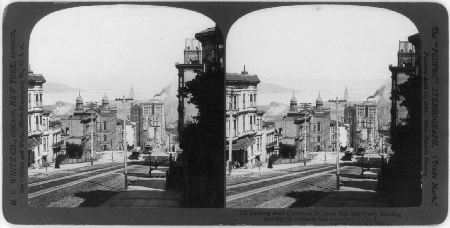 Looking down California St., from Nob Hill, Ferry Building and bay in distance, San Francisco, c1907. — historic photograph