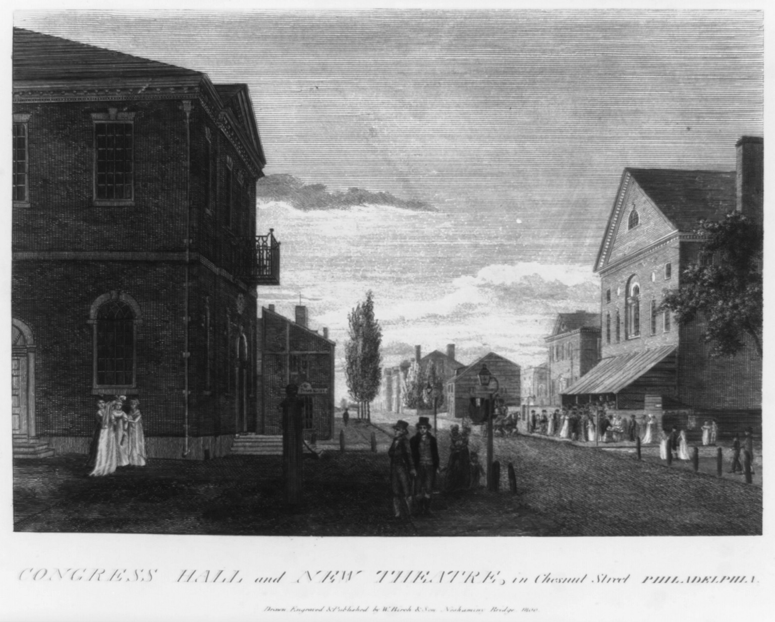 Congress Hall and New Theatre, in Chestnut Street, Philadelphia, 1800 — antique engraving