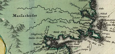 Engraved map of the New England coast and Massachusetts Bay