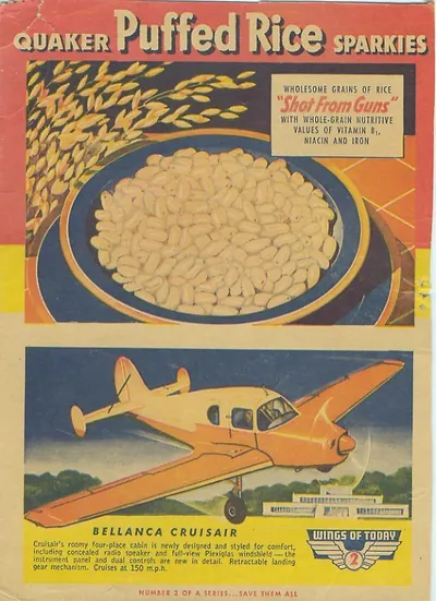 Quaker Puffed Rice Sparkies cereal advertisement with Bellanca Cruisair
