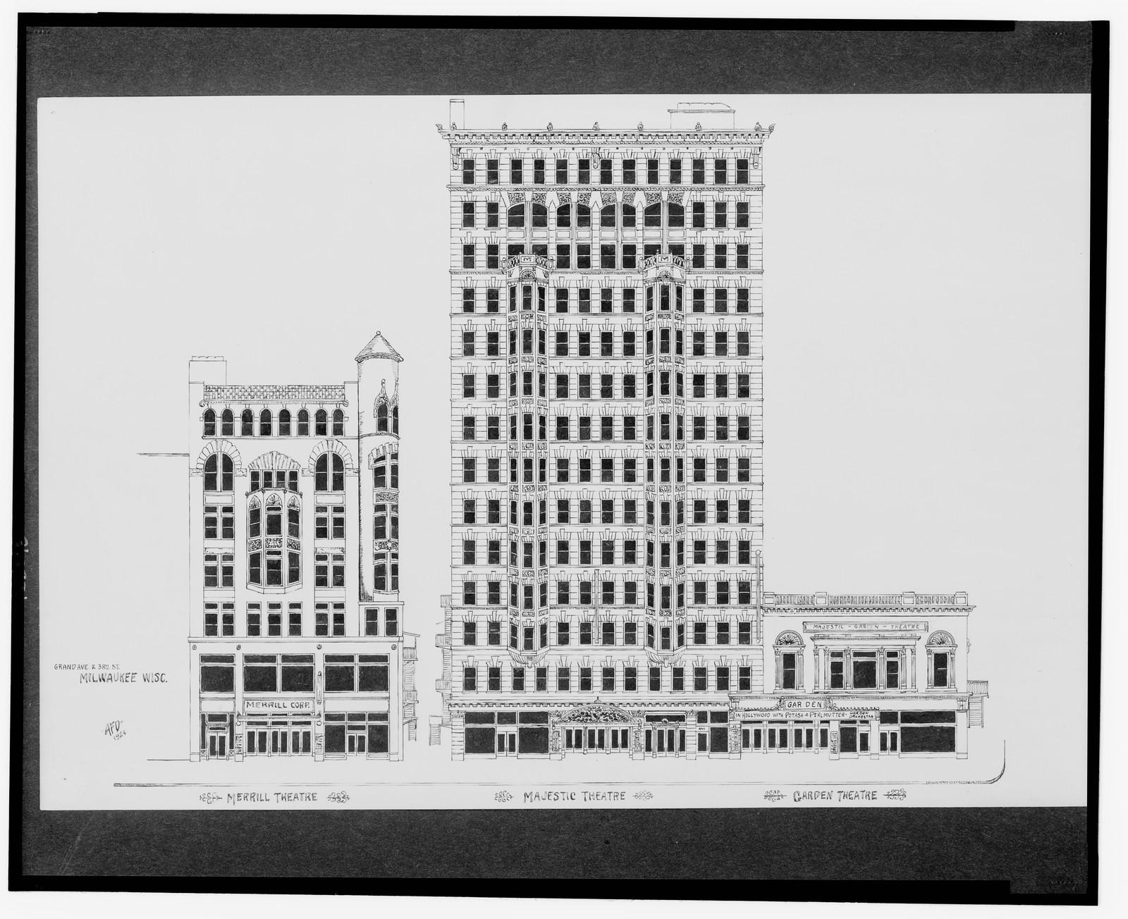 [Merrill Theatre, Majestic Theatre, and Garden Theatre, Grand Ave. and 3rd St., Milwaukee, Wisconsin] / AFD 1924., And Engineering (ADE) Drawings — vintage poster