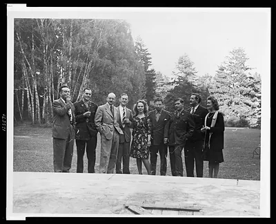 Members of the Library of Congress mission to Germany -- Manuel Sanchez, Joseph Groesbeck, Peiss, Clapp, Emerson, [two unidentified persons], Toth, Mrs. Bing