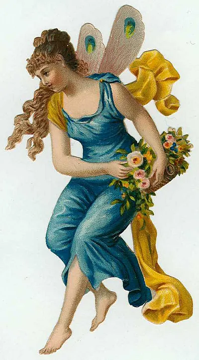 Winged fairy in blue dress holding roses