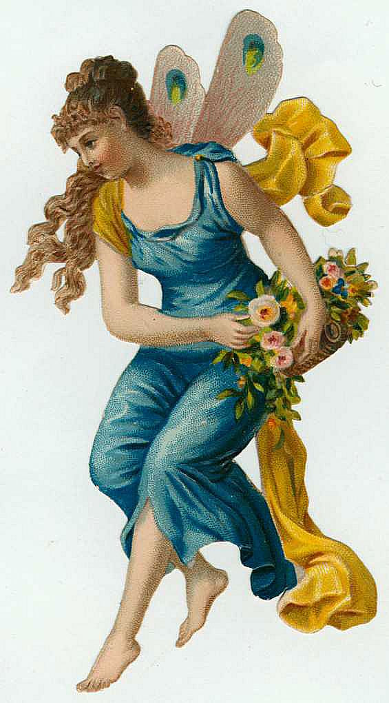 Winged fairy in blue dress holding roses — historic image