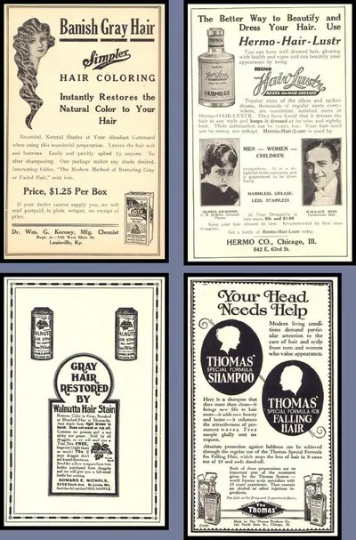 Four vintage hair care and hair tonic advertisements