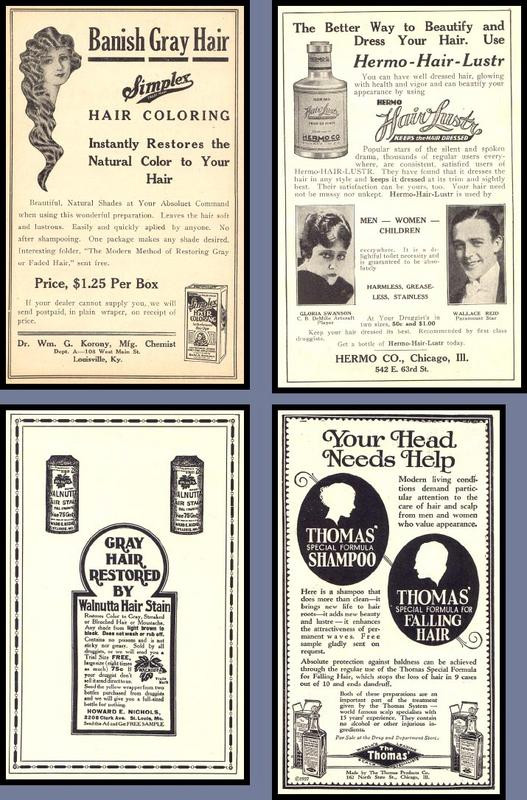 Four vintage hair care and hair tonic advertisements — historic image