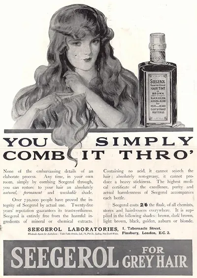 Seegerol hair tint advertisement with woman combing hair