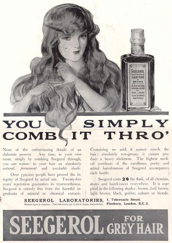 Seegerol hair tint advertisement with woman combing hair — historic image