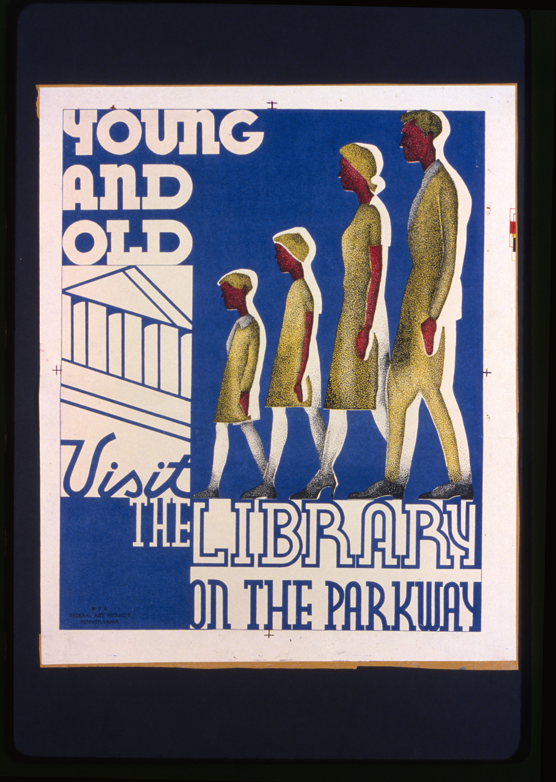 Young and old visit the library on the parkway, 1936 — vintage poster