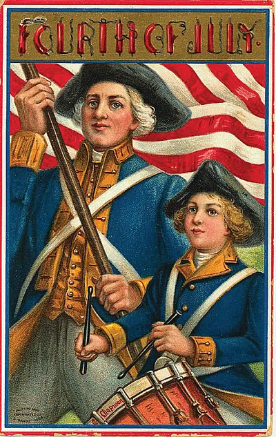Fourth of July postcard with drummers and flag