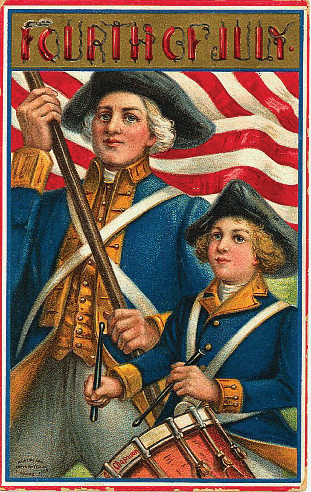 Fourth of July postcard with drummers and flag — vintage postcard