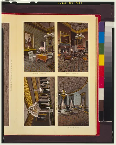 [Views of the White House public rooms - the East Room, the Green Room, the Red Room, and the Blue Room]