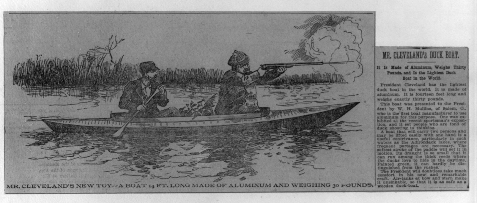 Mr. Cleveland's new toy - a boat, 14 ft. long, made of aluminum and weighing 30 pounds — historic print