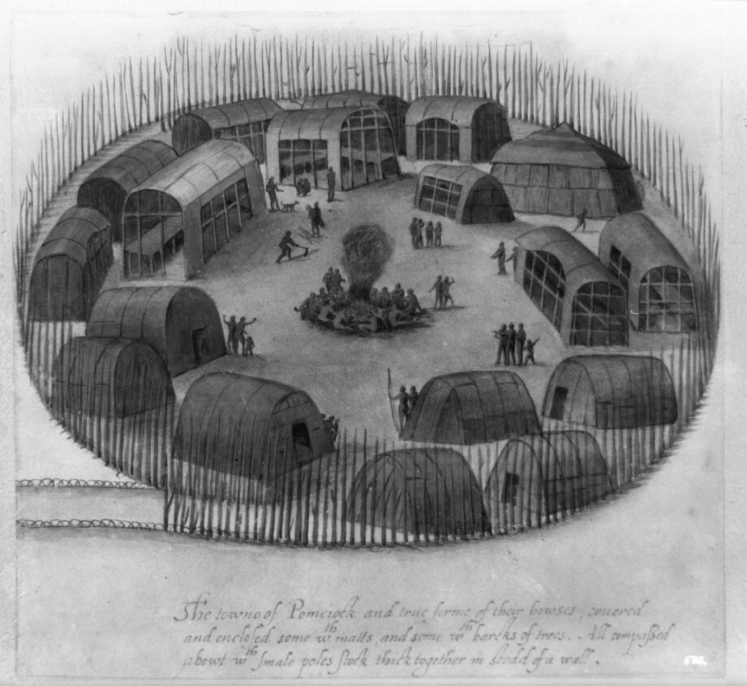 The towne of Pomeiock and true forme of their houses, covered and enclosed some w[i]th matts, and some w[i]th barcks of trees All compassed about w[i]th smale poles stock thick together in stedd of a wall., [194-] — historic photograph