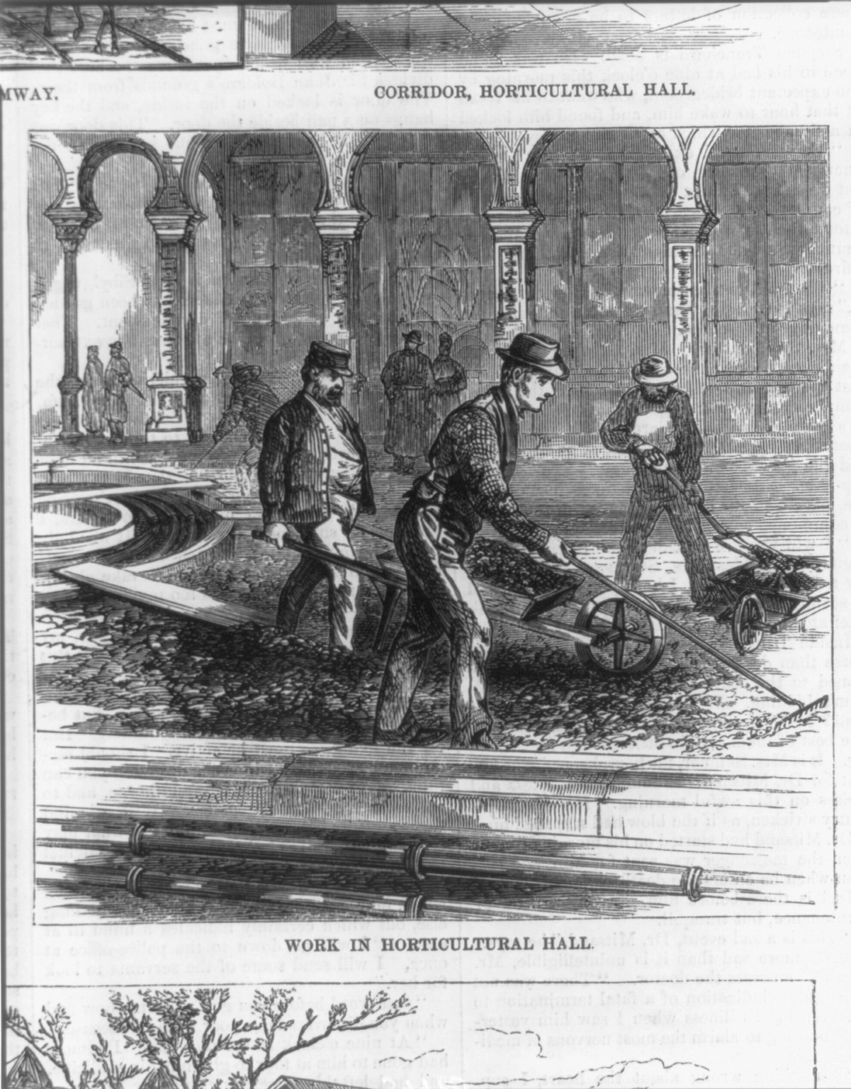 Work in Horticultural Hall, 1876 — antique engraving