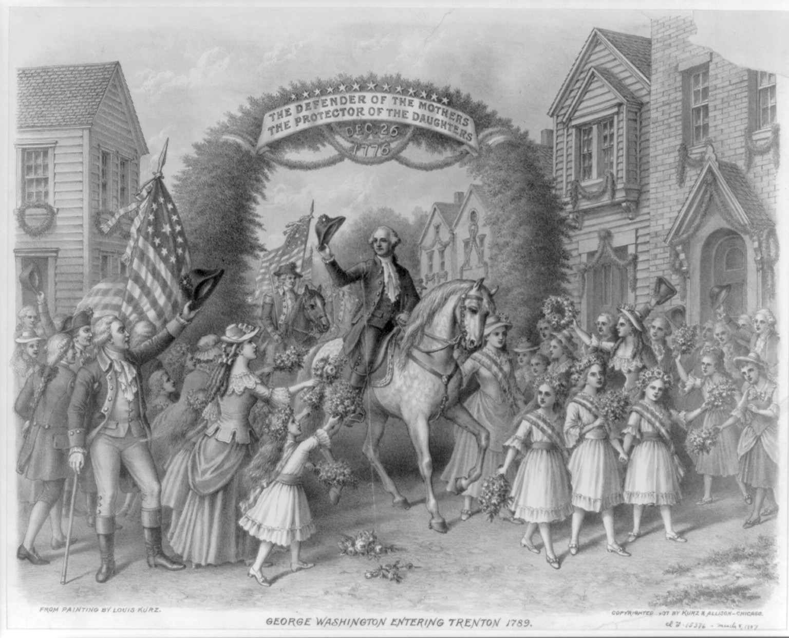 Washington's Reception By The Ladies, On Passing The Bridge At Trenton, N.J., April, 1789 On His Way To Be Inaugurated First President Of The United States, c. 1845 — historic image