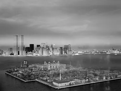 Aerial view of Ellis Island with Manhattan skyline