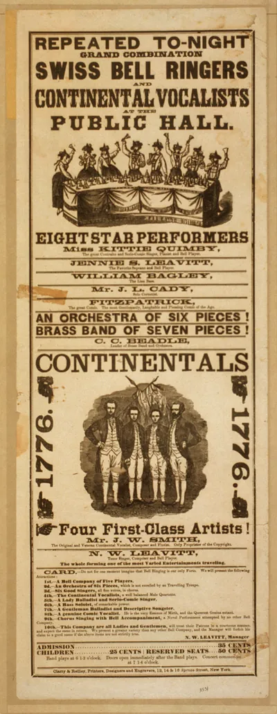 Repeated to-night grand combination Swiss bell ringers and Continental Vocalists at the public hall