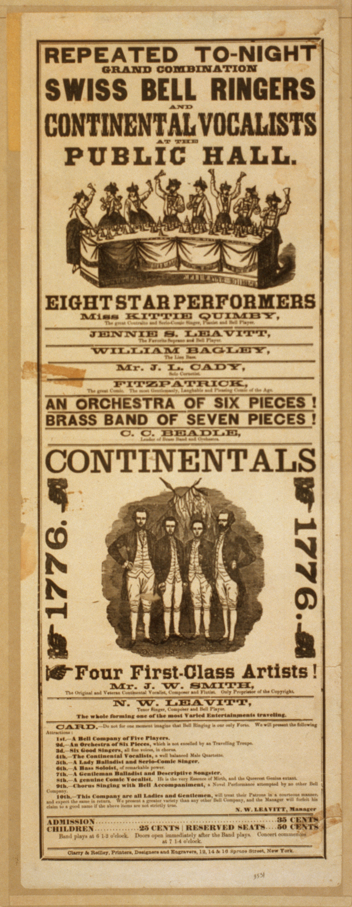 Repeated to-night grand combination Swiss bell ringers and Continental Vocalists at the public hall, 1850 — vintage poster