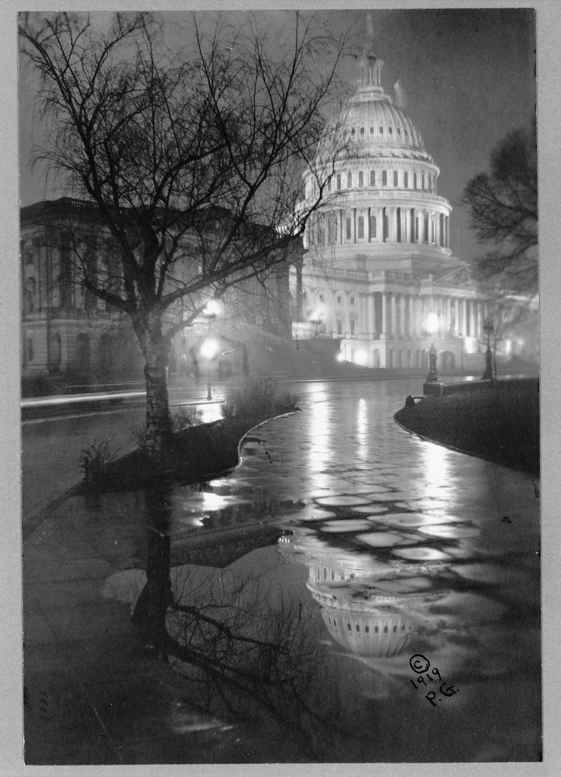 View of the U.S. Capitol, at Night, in Rain, 1919 — historic photograph
