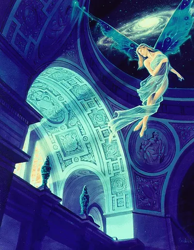 Winged fairy flying through a classical arched interior under galaxy
