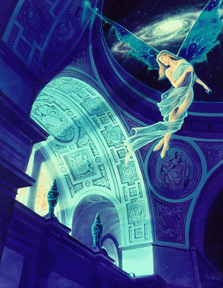 Winged fairy flying through a classical arched interior under galaxy — historic image