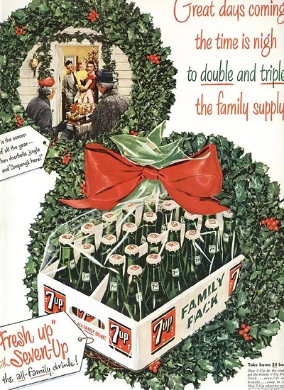 7Up Family Pack Christmas advertisement with holly wreath