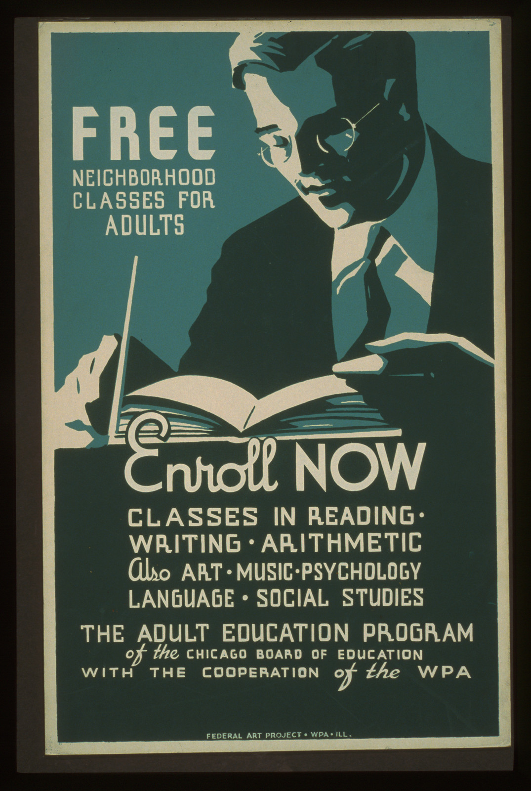Free neighborhood classes for adults Enroll now (S) Classes in reading - writing - arit, 1937 — vintage poster
