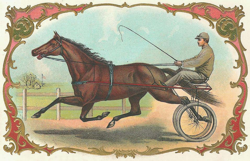 Trotting horse pulling a sulky with driver, decorative gilt border — historic image