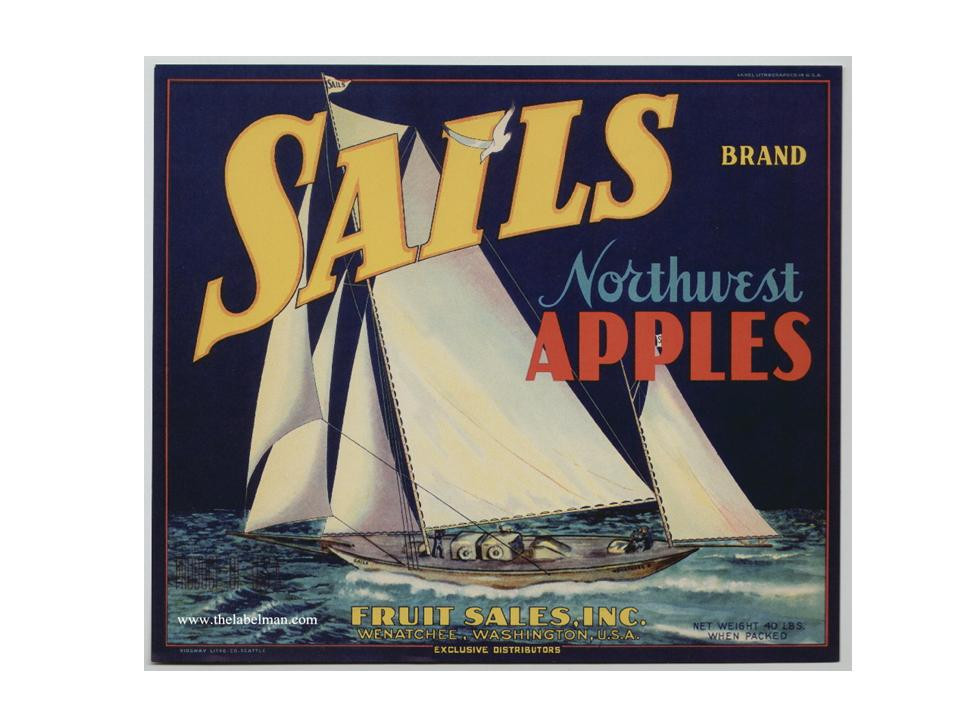 Sails Brand Northwest Apples crate label with sailing yacht — historic image