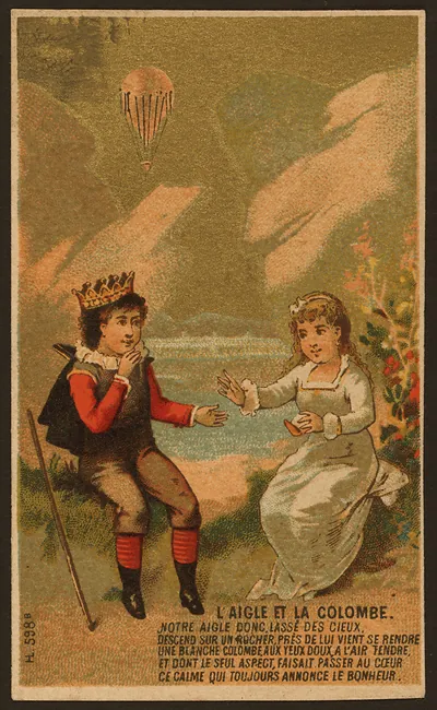 L'aigle et la colombe: trade card with crowned boy and girl