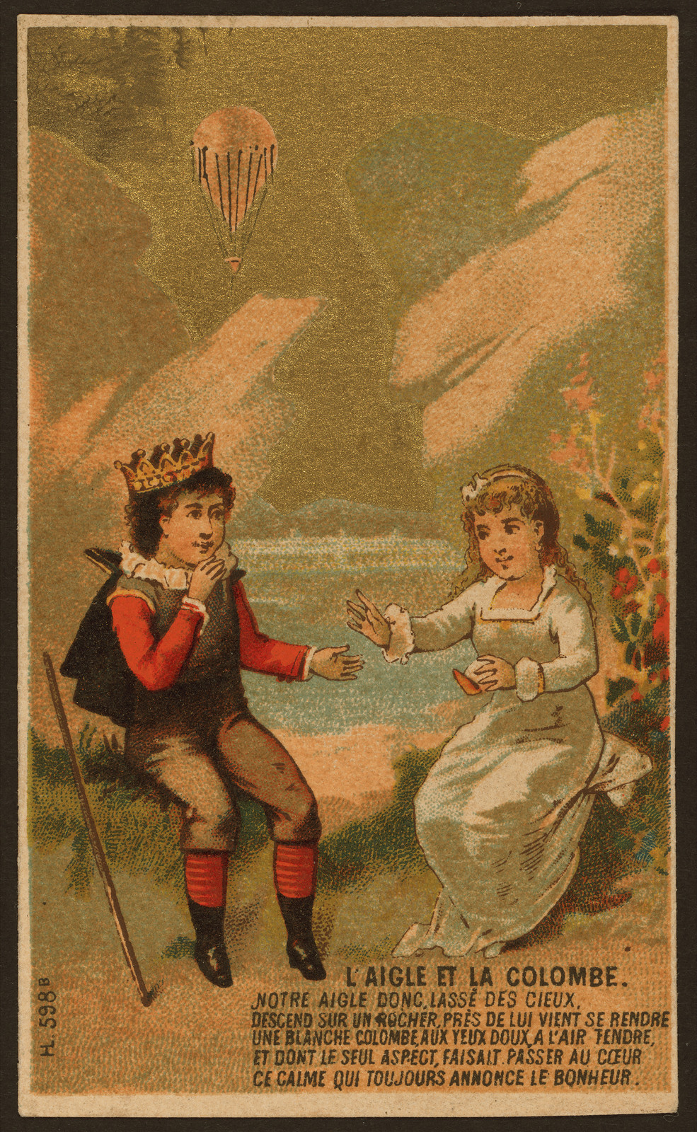 L'aigle et la colombe: trade card with crowned boy and girl — historic image