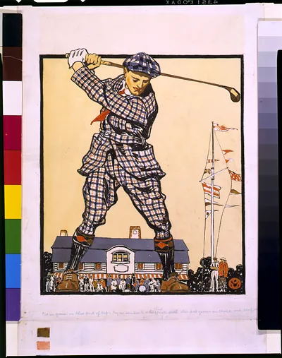 Giant golfer in plaid swinging over a clubhouse