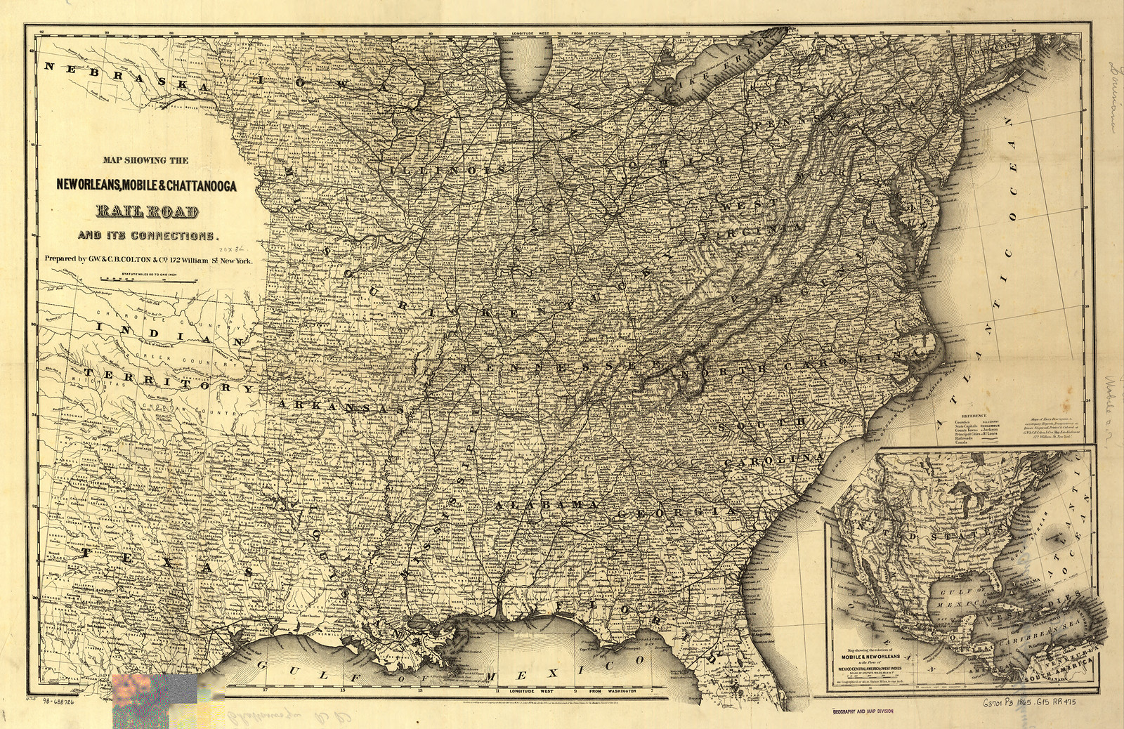 Map showing the New Orleans Mobile Chattanooga Railroad and its connections c 1865 x, Alabama — antique map