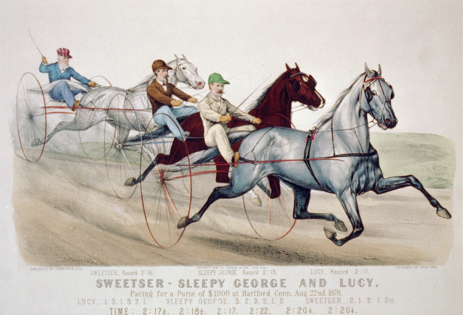 Sweetser, Sleepy George and Lucy, pacing for a purse of $1,000 at Hartford Conn., Aug. 22, 1878 / J. Cameron., New York : Currier & Ives, c1878. — antique lithograph
