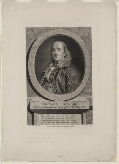 Benjamin Franklin, engraved oval portrait with printed inscription