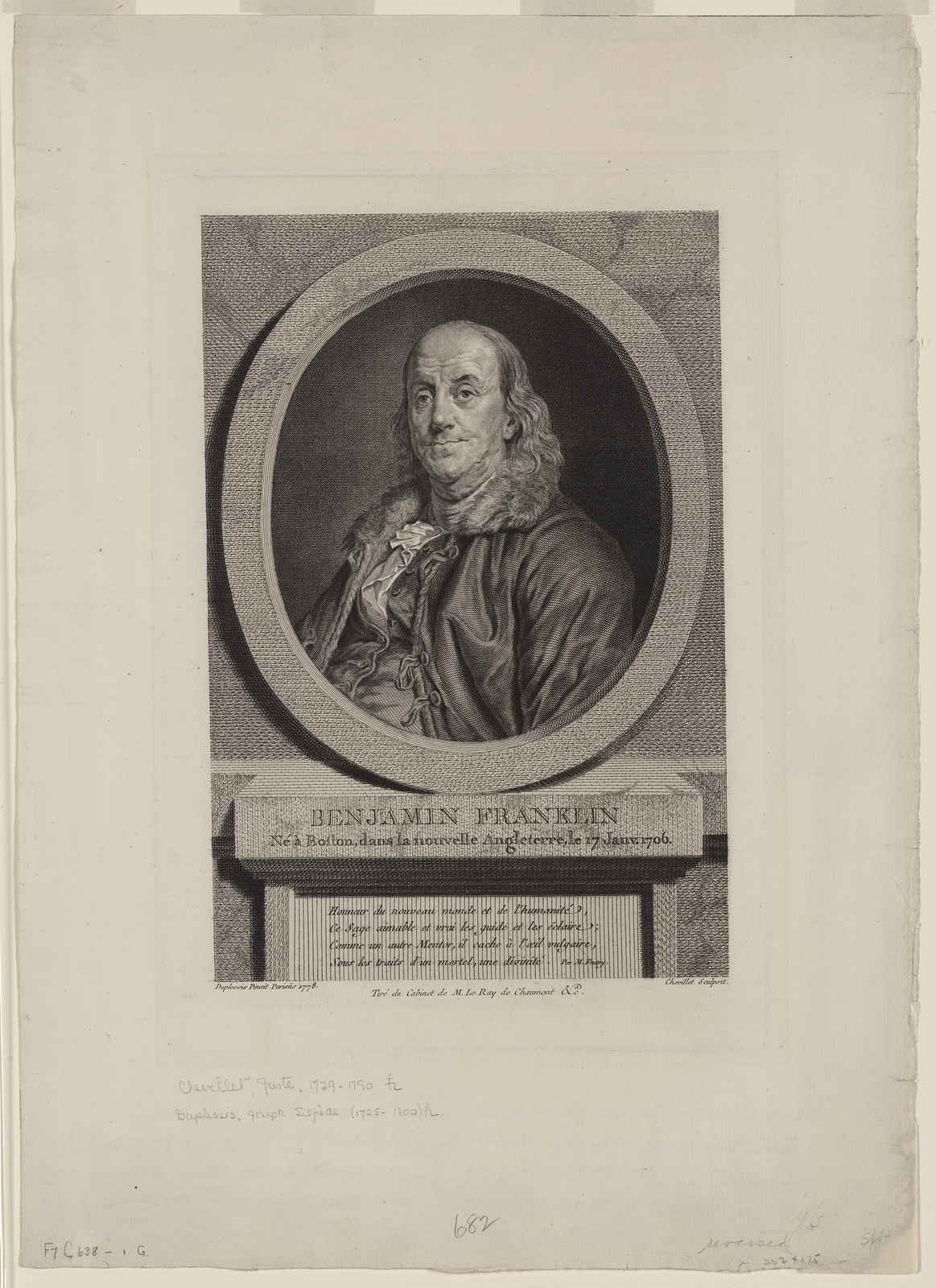 Benjamin Franklin, engraved oval portrait with printed inscription — historic print
