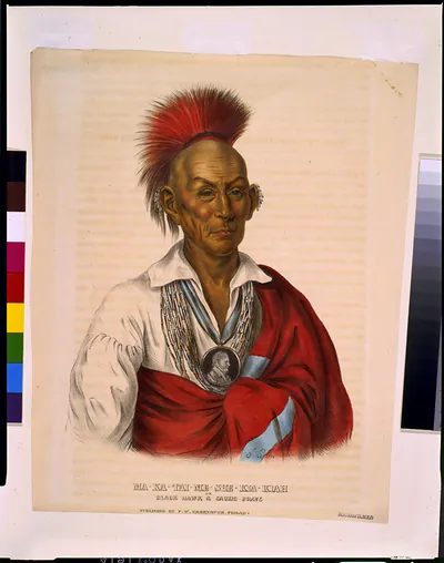 Ma-Ka-Tai-Me-She-Kia-Kiah, or Black Hawk, a Saukie brave / A.H. ; drawn, printed & coloured at I.T. Bowen's Lithographic Establishment.