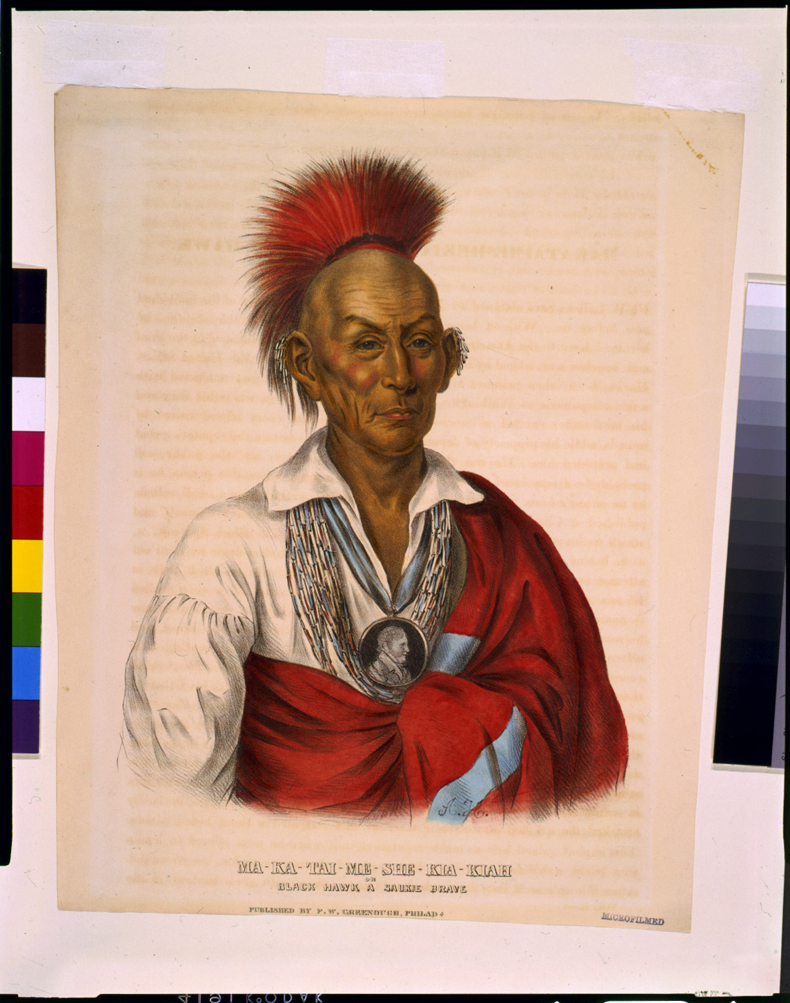 Ma-Ka-Tai-Me-She-Kia-Kiah, or Black Hawk, a Saukie brave / A.H. ; drawn, printed & coloured at I.T. Bowen's Lithographic Establishment., Philada. : published by F.W. Greenough, c1838. — antique lithograph