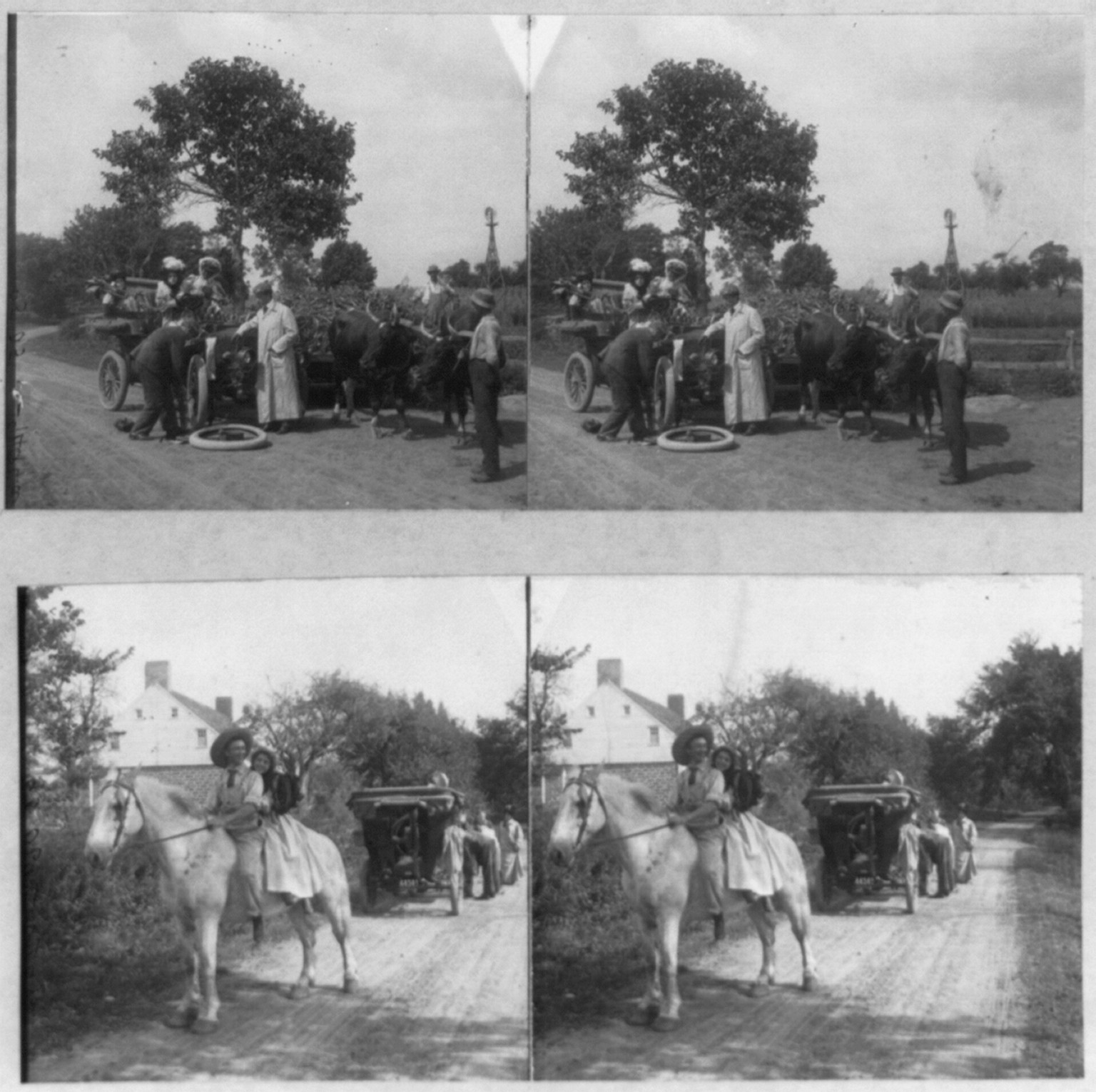 Photos of 2 full stereos: Top - Man changing tire, as others watch; 2 oxen alongside; Bottom - Couple on horse, with auto broken down behind them, c1907. — historic photograph