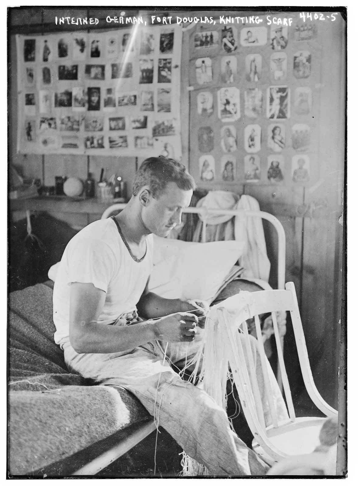Interned Ger., Fort Douglas, knitting scarf, n/a — historic photograph