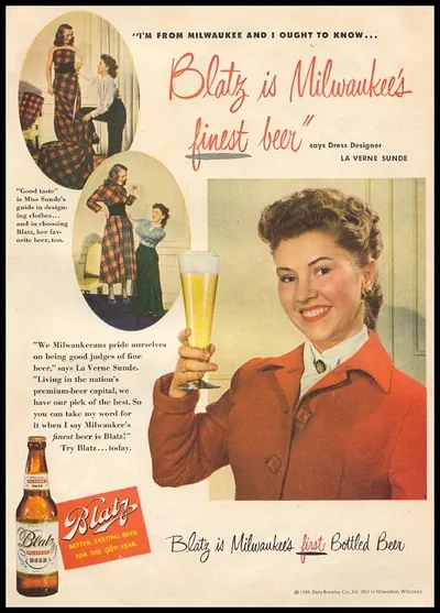 Blatz Milwaukee's finest beer 1949 magazine advertisement with dress designer