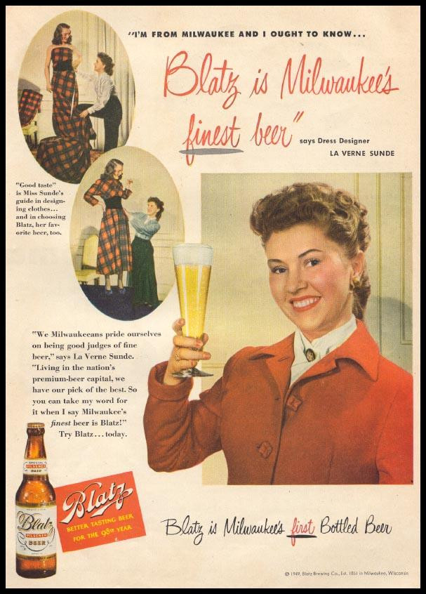 Blatz Milwaukee's finest beer 1949 magazine advertisement with dress designer — historic image