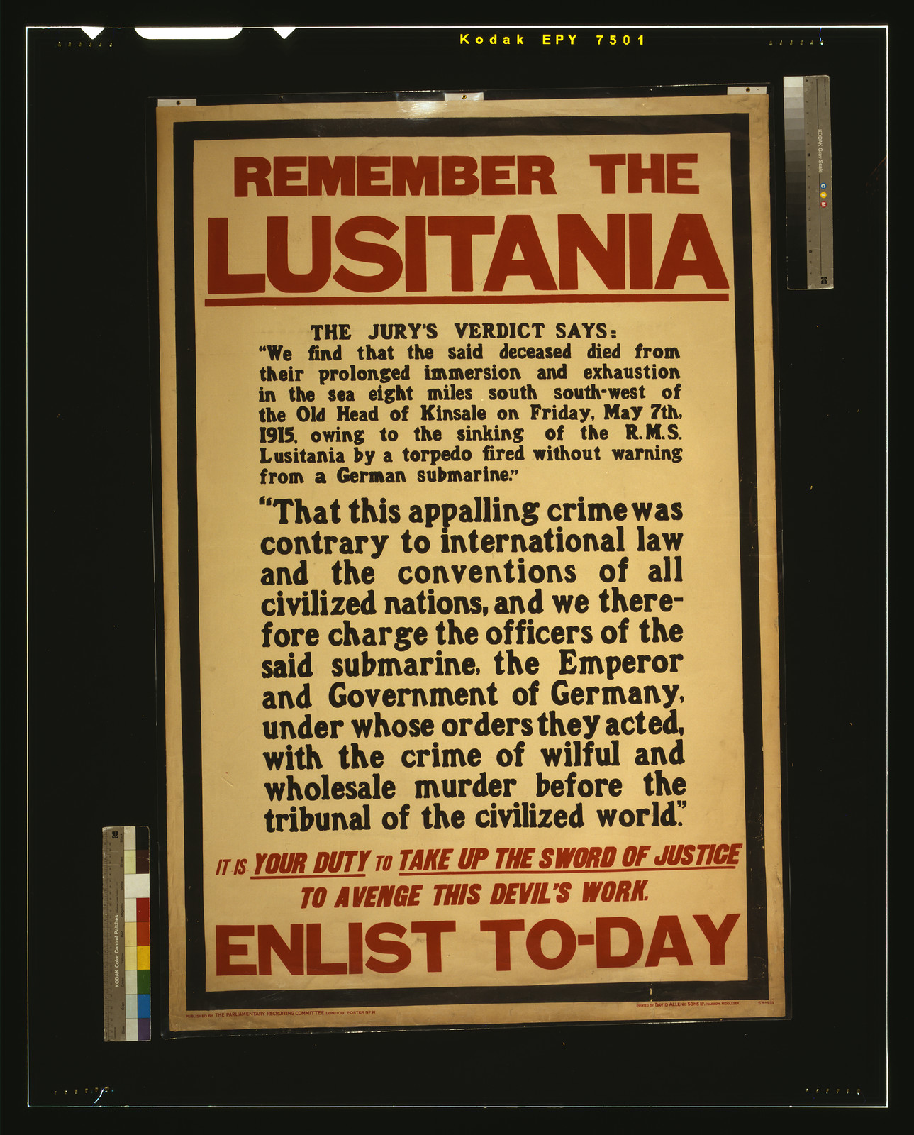 Remember the Lusitania ... Enlist to-day / printed by David Allen & Sons Ld., Harrow, Middlesex., London : published by the Parliamentary Recruiting Committee, [1915] — vintage poster